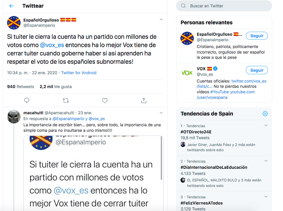 Este tuit de @EspanaImperio se ha vuelto viral por sus faltas de ortografía y porque muchos se lo han tomado demasiado en serio. (Foto: Captura de Twitter / @EspanaImperio)