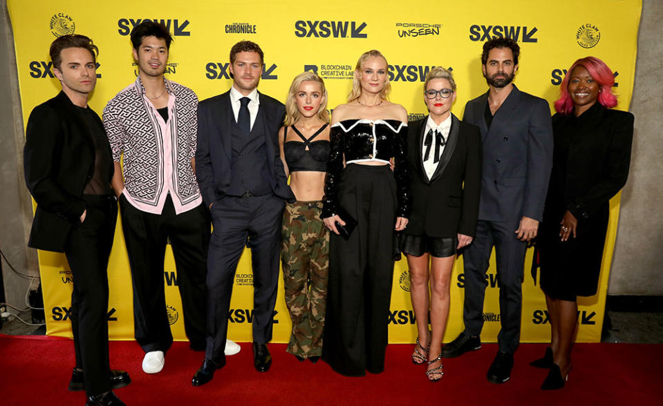 Thomas Dekker, Ross Butler, Finn Jones, Kiernan Shipka, Kathleen Robertson, Diane Kruger, Gerardo Celasco, and Erika Alexander attend The Roku Channel’s Swimming With Sharks world premiere - Credit: Rick Kern/Getty Images