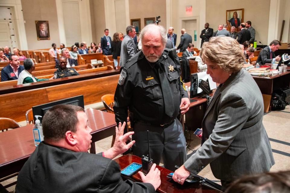 Clerk of Court Becky Hill speaks with law enforcement before Alex Murdaugh is found guilty on all counts for the murder of his wife and son at the Colleton County Courthouse on Thursday, March 2, 2023. Joshua Boucher/The State/Pool