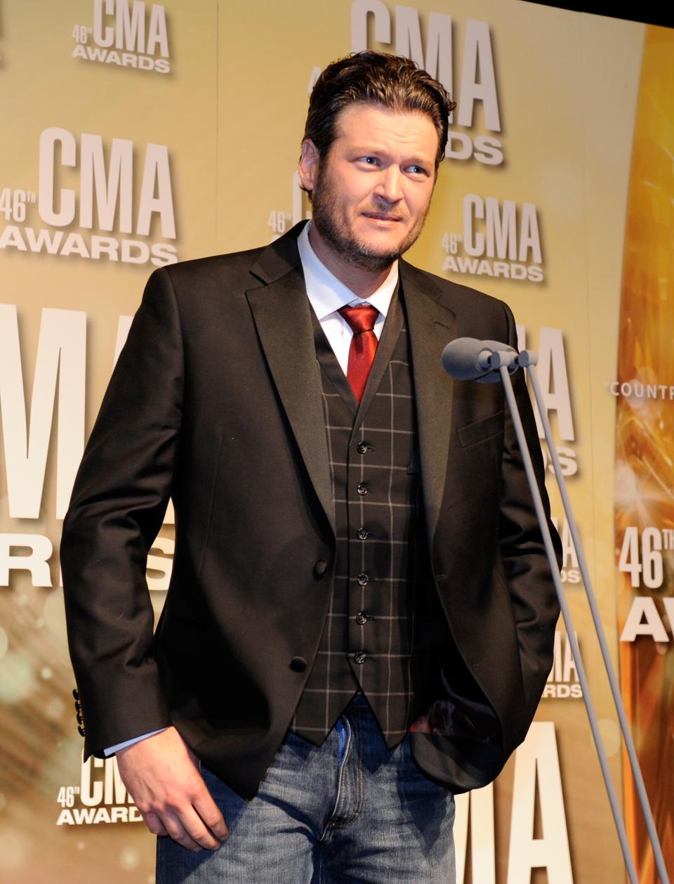 NASHVILLE, TN - NOVEMBER 01: Blake Shelton attends the 46th annual CMA Awards at the Bridgestone Arena on November 1, 2012 in Nashville, Tennessee. (Photo by Erika Goldring/Getty Images)
