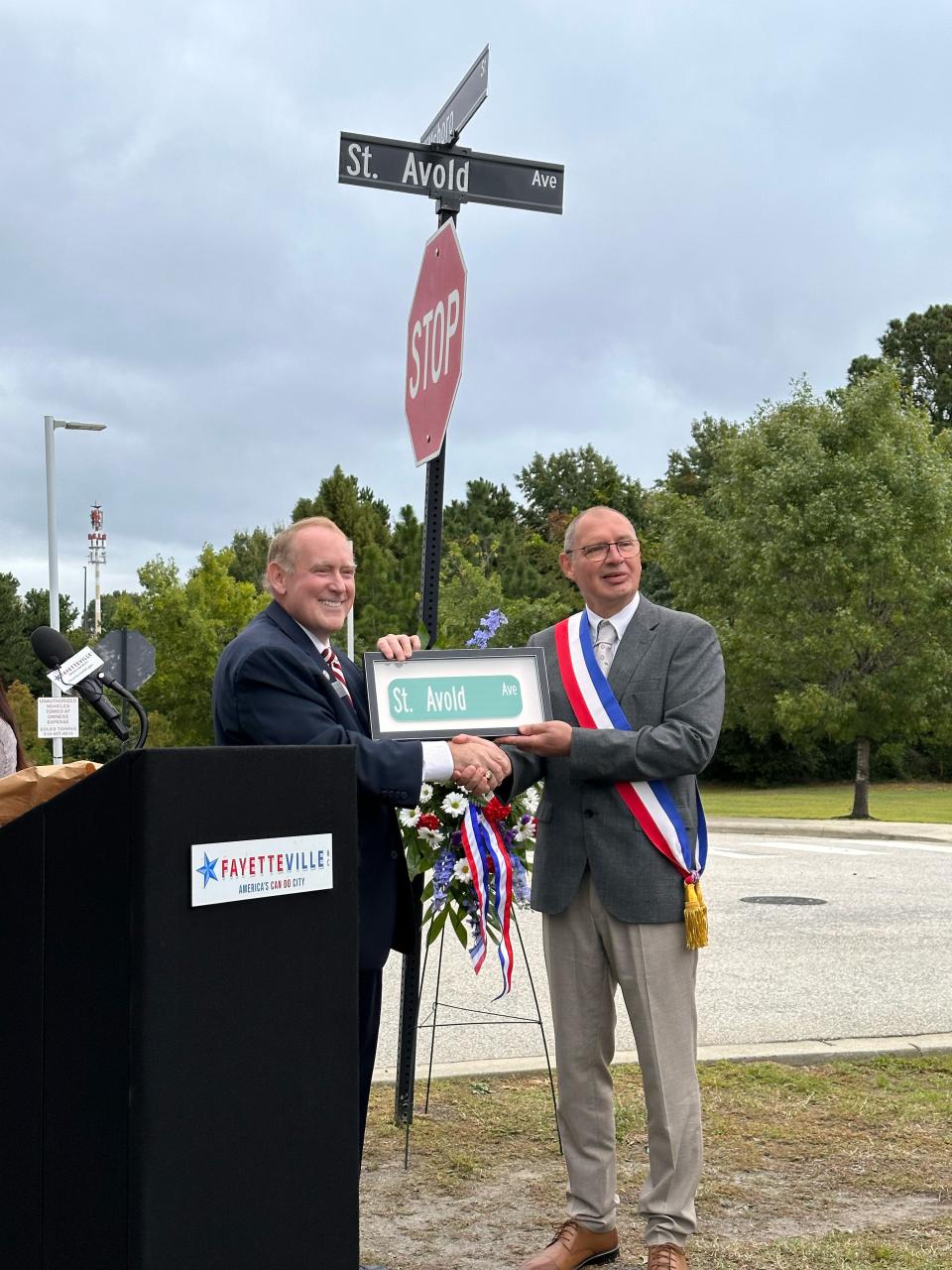 A new street sign for St. Avold Avenue, formerly Walter Street, was unveiled Sept. 27 in Fayetteville.