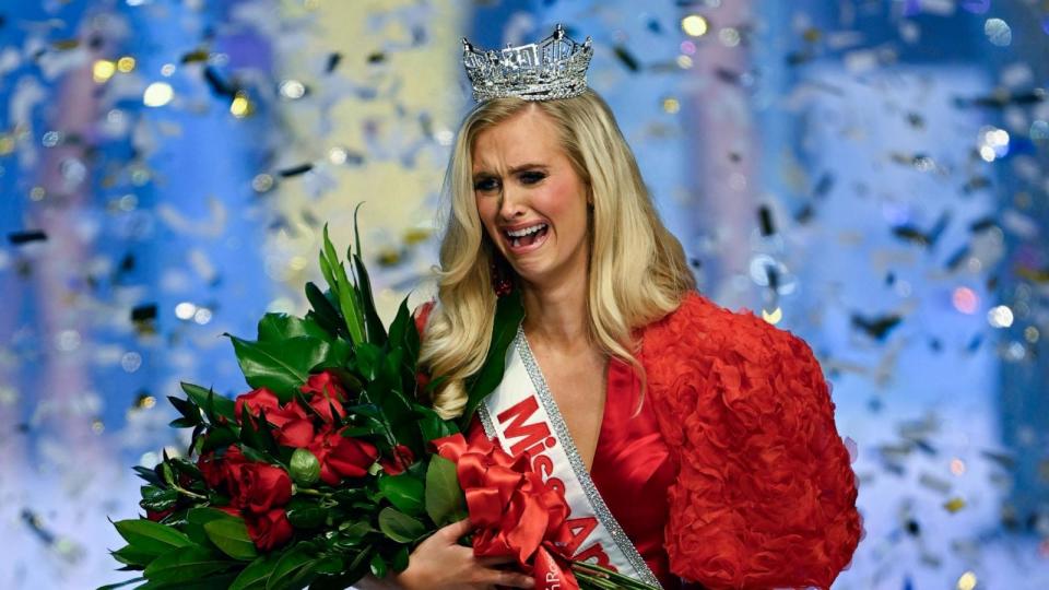 PHOTO: Miss Colorado Madison Marsh reacts after being crowned the New Miss America 2024 in Orlando, Fla., Jan. 14, 2024. (Joe Marino/UPI via Shutterstock)