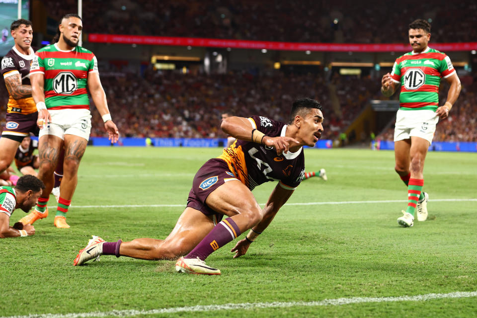 BRISBANE, AUSTRALIA - MARCH 14: Deine Mariner of the Broncos celebrates a tryduring the round two NRL match between Brisbane Broncos and South Sydney Rabbitohs at Suncorp Stadium, on March 14, 2024, in Brisbane, Australia. (Photo by Chris Hyde/Getty Images)