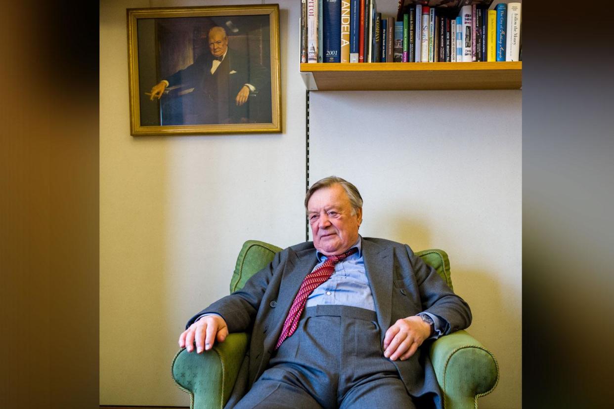 Elder statesman: Kenneth Clarke beneath the portrait of Winston Churchill in his parliamentary office. Father of the House Clarke said Theresa May faced the "worst combination of problems" he had seen