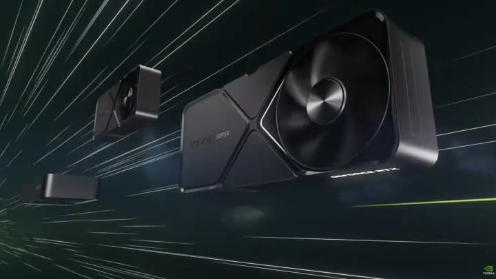 Nvidia RTX 4080 Super, RTX 4070 Ti Super, and RTX 4070 Super over a dark background.
