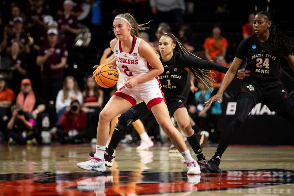 Nebraska guard Logan Nissley moves the ball up the court as Texas A&M takes on Nebraska in the first round of the NCAA Tournament Friday, March 22, 2024, at Gill Coliseum in Corvallis, Ore.