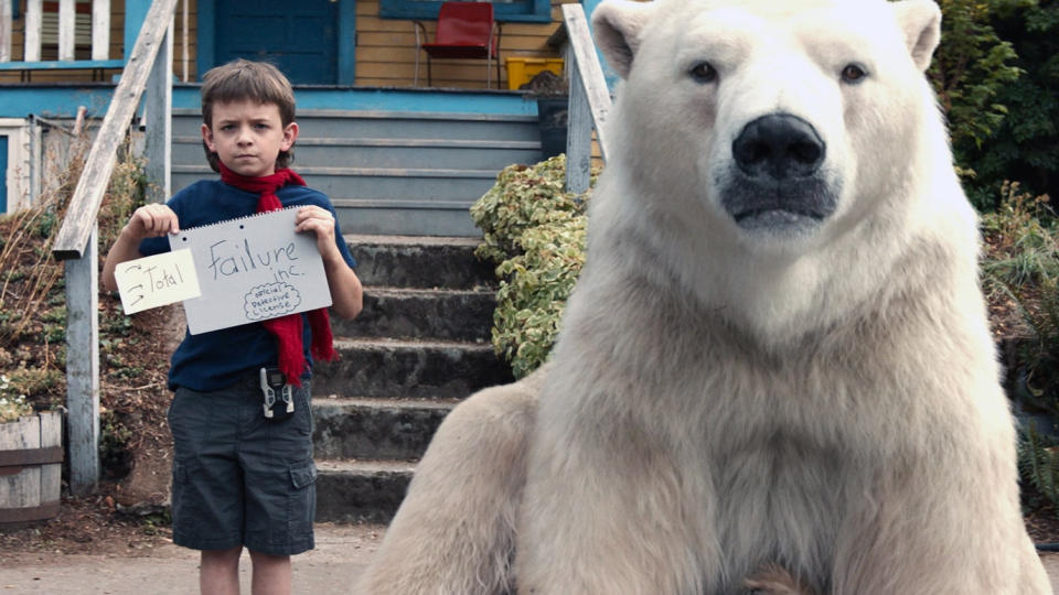 Winslow Fegley is a child who believes he has a polar bear companion in 'Timmy Failure: Mistakes Were Made'. (Credit: Disney+/Dale Robinette)