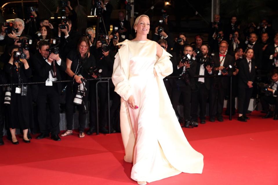 “Oh, Canada” star Thurman took the red carpet by storm in a bridal-esque piece by Burberry. Getty Images