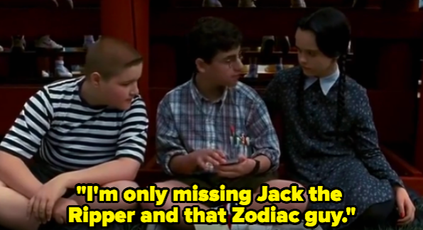 A boy counting baseball cards, saying "I'm only missing Jack the Ripper and that Zodiac guy."