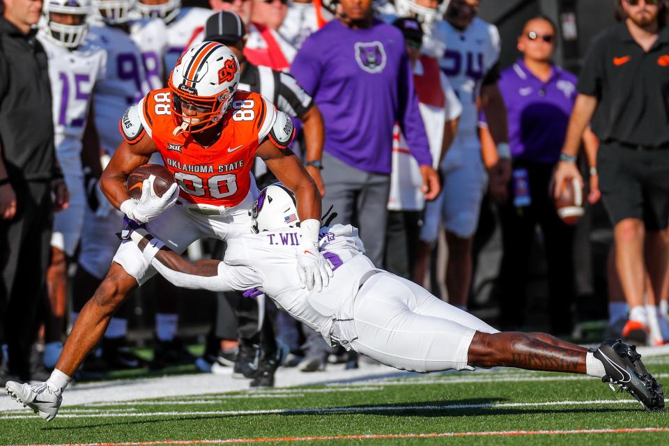 OSU receiver De'Zhaun Stribling (88) runs after a catch in the first quarter against Central Arkansas on Sept. 2 at Boone Pickens Stadium in Stillwater.