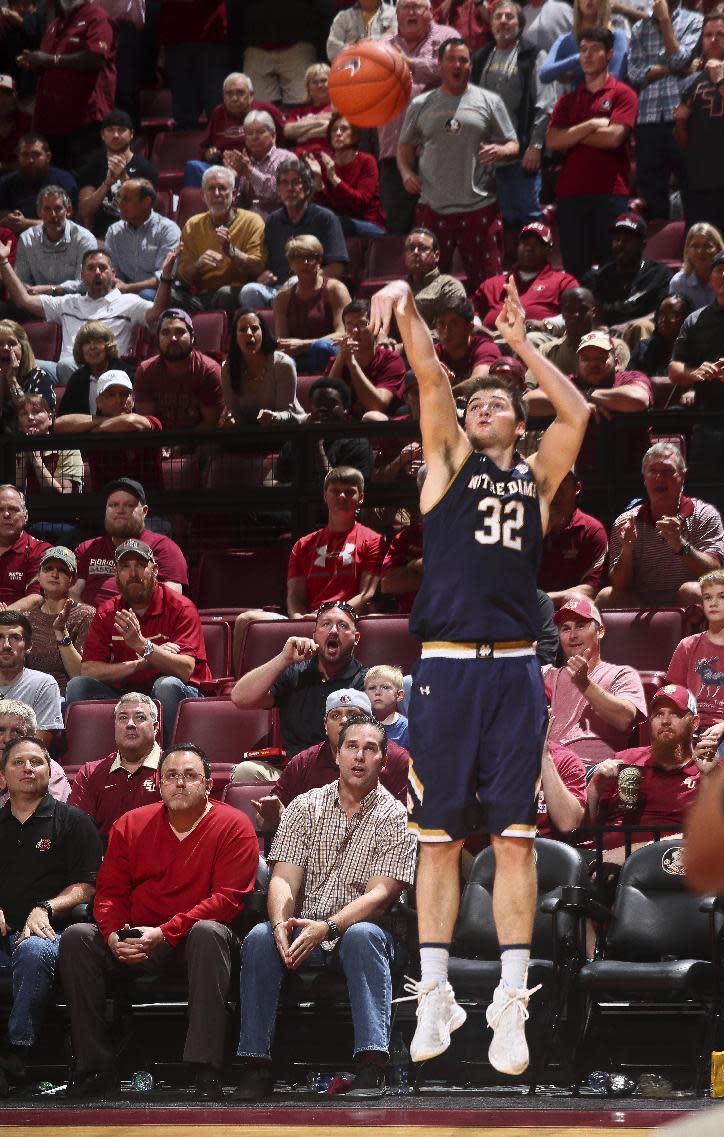 Notre Dame guard Steve Vasturia (32) makes a three-point basket late in the second half of an NCAA college basketball game against Notre Dame on Wednesday, Jan. 18, 2017, in Tallahassee, Fla. Florida State won 83-80. (AP Photo/Phil Sears)