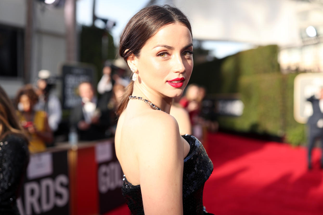 BEVERLY HILLS, CALIFORNIA - JANUARY 05: 77th ANNUAL GOLDEN GLOBE AWARDS -- Pictured: Ana de Armas arrives to the 77th Annual Golden Globe Awards held at the Beverly Hilton Hotel on January 5, 2020. -- (Photo by Christopher Polk/NBC/NBCU Photo Bank via Getty Images)