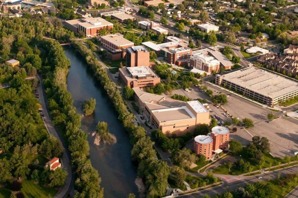 The Boise State campus looking southwest along the Boise River. The university’s out-dated main science building can be seen in center, directly above the somewhat triangular-shaped Morrison Center.