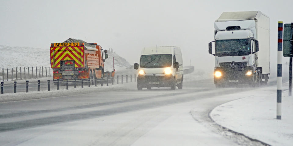 Drivers negotiate blizzards, snow and high winds on the A66 between Scotch Corner and Penrith. Weather forecasters are predicting further falls of snow across the north of England. Picture date: Thursday January 6, 2022. (Photo by Owen Humphreys/PA Images via Getty Images)