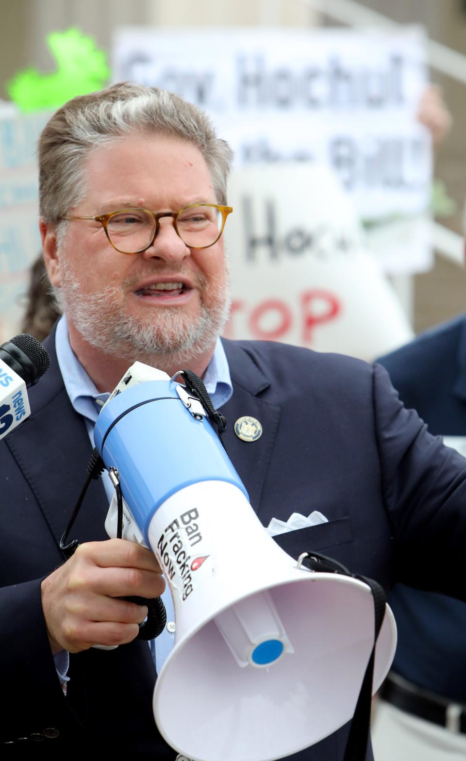 Sen. Pete Harckham speaks at a rally urging Gov. Kathy Hochul to make it illegal for Holtec International to discharge radioactive waste in the Hudson River on August 15, 2023 at Westchester County Center in White Plains.