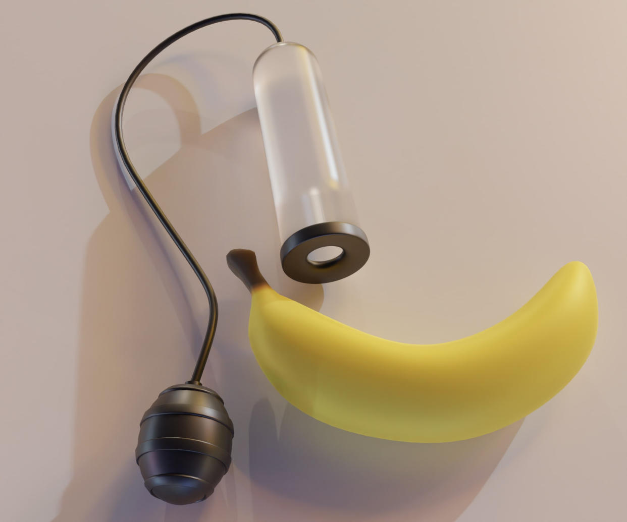 A penis enlarger pump next to a yellow banana.