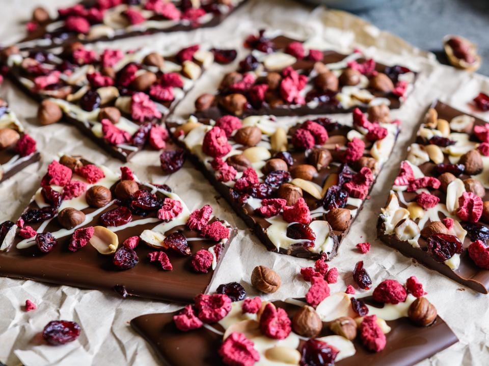 chocolate bark with hazelnuts, peanuts, cranberries and freeze dried raspberries