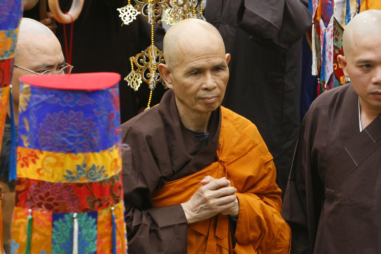 Vietnamese Zen master Thich Nhat Hanh, center, who helped pioneer the concept of mindfulness in the West and socially engaged Buddhism in the East, has died at age 95 on Saturday, Jan. 22, 2022, according to an announcement on his verified Twitter page. 