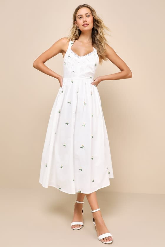 <p><a href="https://go.redirectingat.com?id=74968X1596630&url=https%3A%2F%2Fwww.lulus.com%2Fproducts%2Fdelicate-excellence-white-floral-embroidered-tie-back-midi-dress%2F2341031.html%3Fpla%3D1%26s_kwcid%3DAL%25217824%25213%2521644930675512%2521%2521%2521g%25212040866360074%2521%26gad_source%3D1%26gclid%3DCjwKCAjw88yxBhBWEiwA7cm6pdQjjQcdgTqcwxgkNrCe_ktNTRgz6LxRvvIaMMnc81llnoKJfjYvwBoCZE4QAvD_BwE&sref=https%3A%2F%2Fwww.thepioneerwoman.com%2Ffashion-style%2Fg36269895%2Fcute-summer-dresses%2F" rel="nofollow noopener" target="_blank" data-ylk="slk:Shop Now;elm:context_link;itc:0;sec:content-canvas" class="link ">Shop Now</a></p><p>Lulus Delicate Excellence Floral Embroidered Midi Dress</p><p>lulus.com</p><p>$79.00</p><span class="copyright">Lulu's</span>