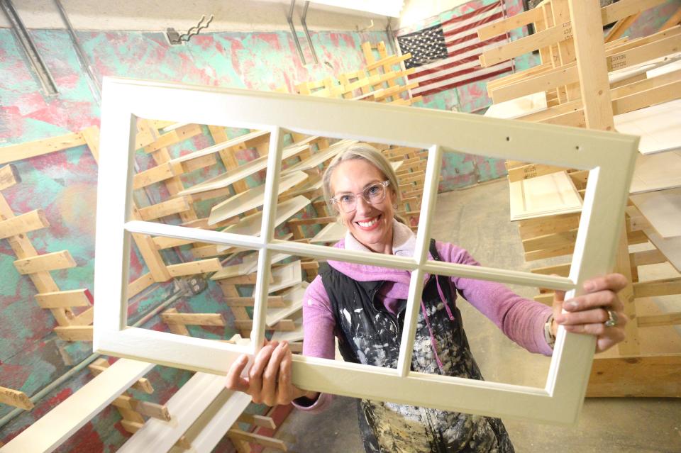 Katie O'Malley, owner of Rusty Rose Custom Cabinet Painting, is at her studio at 906 North Bedford St., East Bridgewater on Tuesday, Feb. 8, 2022.