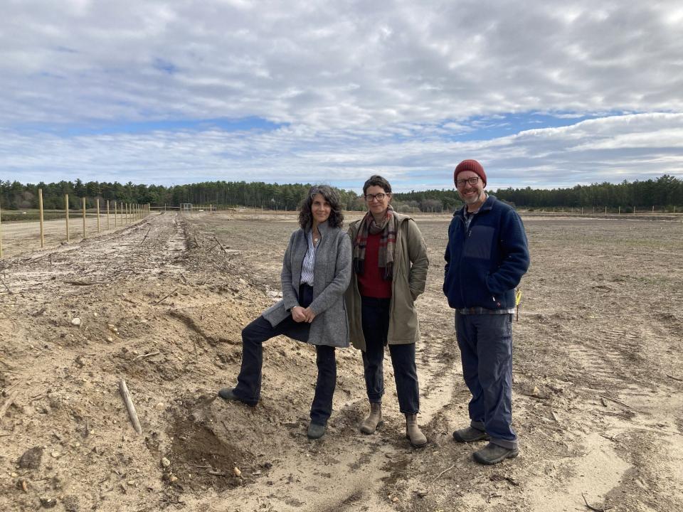 Marion Institute Executive Director Liz Wiley, Director of Food Access and Innovation Rita Higgins and Frogfoot farmer Scott Codey are laying the groundwork for the new Neighbors Feeding Neighbors farm-to-food relief program at Frogfoot Farm in Wareham.