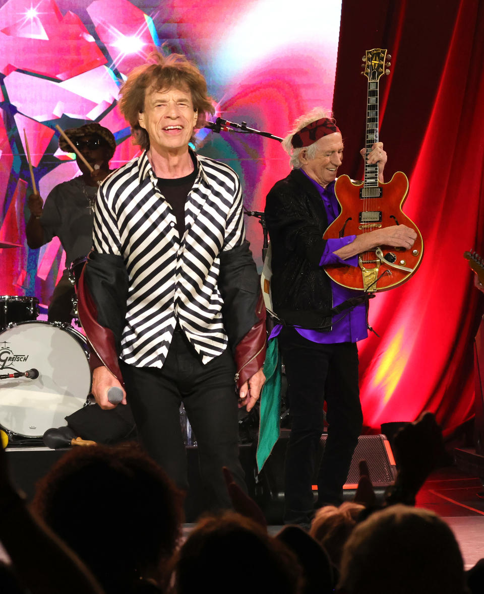 NEW YORK, NEW YORK - OCTOBER 19:  (Exclusive Coverage) Mick Jagger and Keith Richards perform during The Rolling Stones surprise set in celebration of their new album “Hackney Diamonds” at Racket NYC on October 19, 2023 in New York City. (Photo by Kevin Mazur/Getty Images for RS)