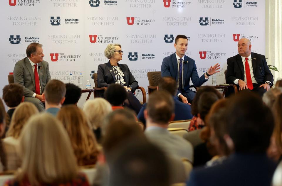 University of Utah President Taylor Randall, Utah State University President Elizabeth Cantwell, Weber State University President Brad Mortensen and Davis Technical College President Darin Brush participate in a panel discussion on the value of higher education, moderated by Kem C. Gardner Policy Institute director Natalie Gochnour, during a Newsmaker Breakfast at the Thomas S. Monson Center in Salt Lake City on Wednesday, Feb. 14, 2024. | Kristin Murphy, Deseret News