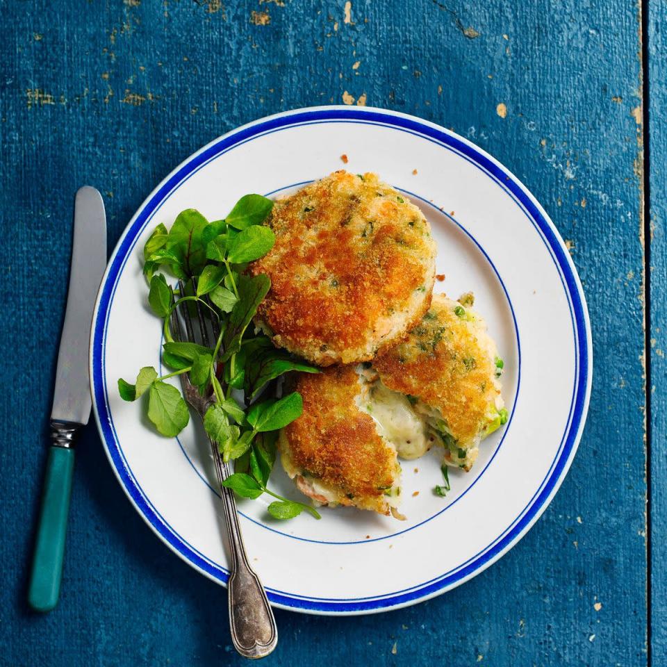 <p>These salmon fishcakes have a delicious oozy cheese filling.</p><p><strong>Recipe: <a href="https://www.goodhousekeeping.com/uk/food/recipes/a559460/filled-fishcakes/" rel="nofollow noopener" target="_blank" data-ylk="slk:Filled fishcakes" class="link ">Filled fishcakes</a></strong></p>