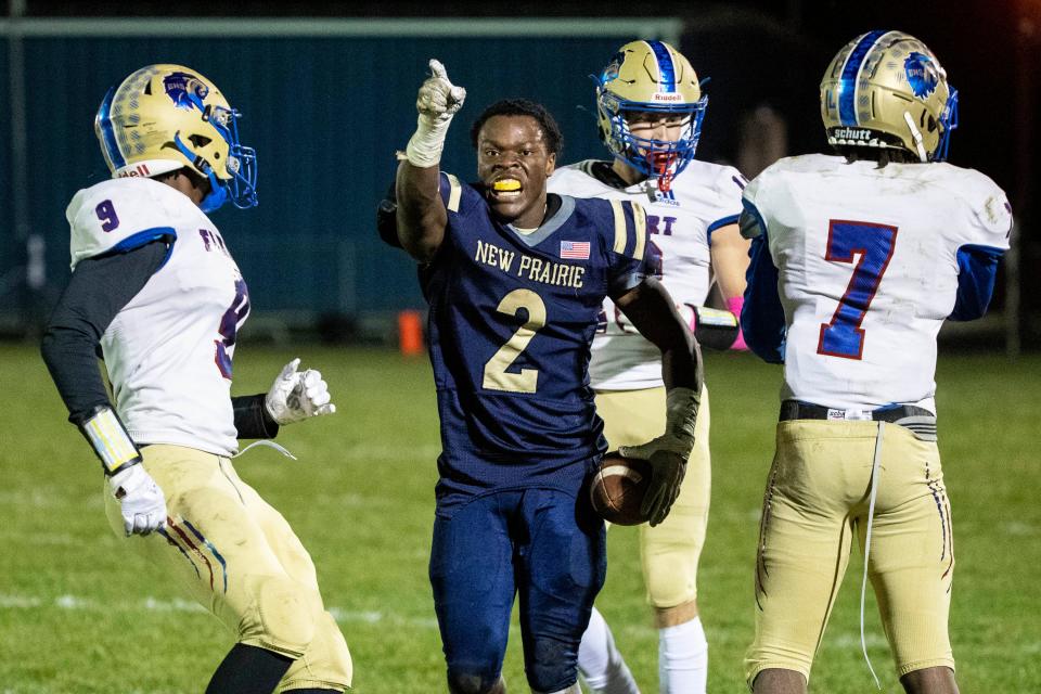 New Prairie's Noah Mungia (2) reacts with first down signal after run during the Elkhart-New Prairie high school football game on Friday, October 14, 2022, at Amzie Miller Field in New Carlisle, Indiana.