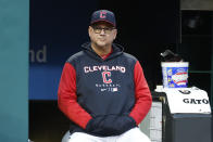 Cleveland Guardians manager Terry Francona watches from the dugout during the third inning of a baseball game against the Tampa Bay Rays, Wednesday, Sept. 28, 2022, in Cleveland. (AP Photo/Ron Schwane)