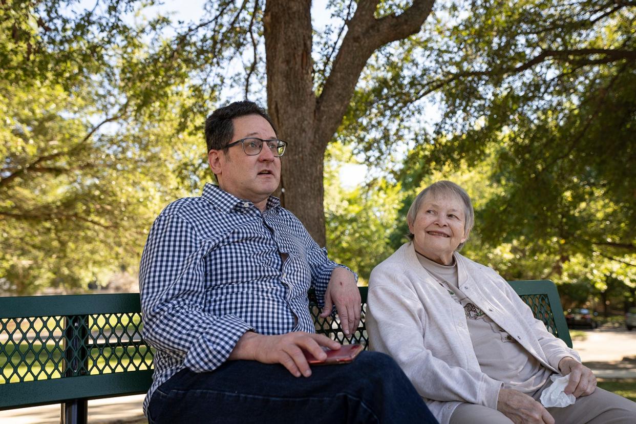 Scott Harvey helps his mother, Sheri Harvey, with her walker last fall. Sheri Harvey has debilitating arthritis that requires nursing care, but she had been facing possible eviction from her senior care facility last year. The annual Statesman Season for Caring program helped them stabilize their financial situation.