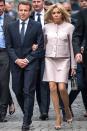 <p>Arriving at the International Charlemagne Prize in Germany wearing a baby pink textured jacket and matching skirt with metal detailed pumps. </p>