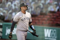 New York Yankees' Gary Sanchez reacts after he struck out swinging in the fifth inning of a baseball game against the Boston Red Sox, Sunday, Sept. 20, 2020, in Boston. (AP Photo/Steven Senne)