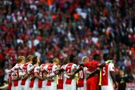 <p>The Ajax team take part in a minutes silence in memory of the victims of the Manchester Concert attack prior to the UEFA Europa League Final between Ajax and Manchester United at Friends Arena on May 24, 2017 in Stockholm, Sweden. (Photo by Dean Mouhtaropoulos/Getty Images) </p>