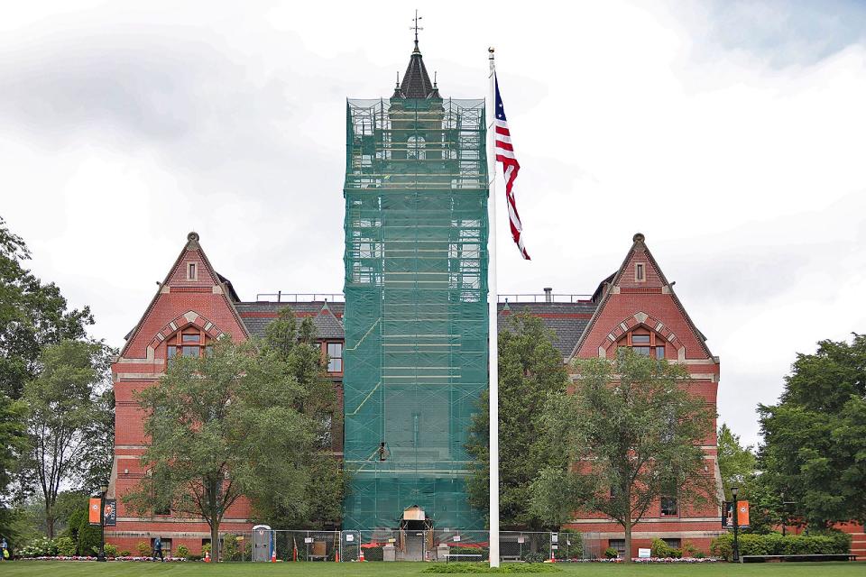 The bell tower at Thayer Academy in Braintree is undergoing repairs this summer. Monday, June 26, 2023.
