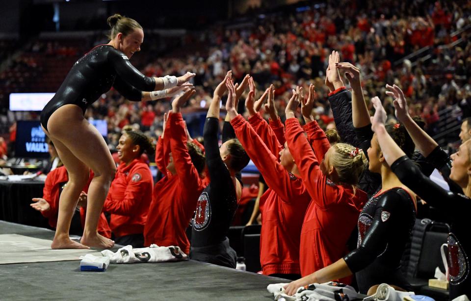 Utah’s Maile O’Keefe celebrates with teammates after her bars routine as BYU, Utah, SUU and Utah State meet in the Rio Tinto Best of Utah Gymnastics competition at the Maverick Center in West Valley City on Monday, Jan. 15, 2024. | Scott G Winterton, Deseret News