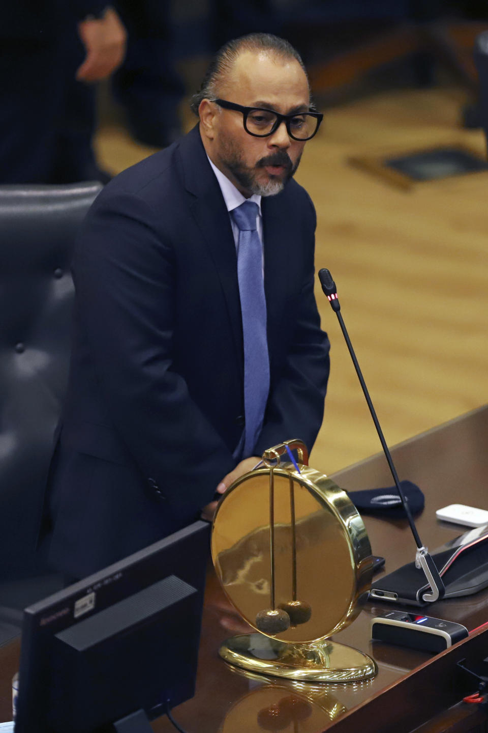 New Ideas party lawmaker Ernesto Castro delivers his speech after sworn-in as president of the El Salvador's Congress in San Salvador, El Salvador, Saturday, May 1, 2021. For the first time in three decades the traditional conservative and leftist parties have been sidelined by a resounding electoral defeat, clearing the way for President Nayib Bukele's party to help him advance his agenda. (AP Photo/Salvador Melendez)