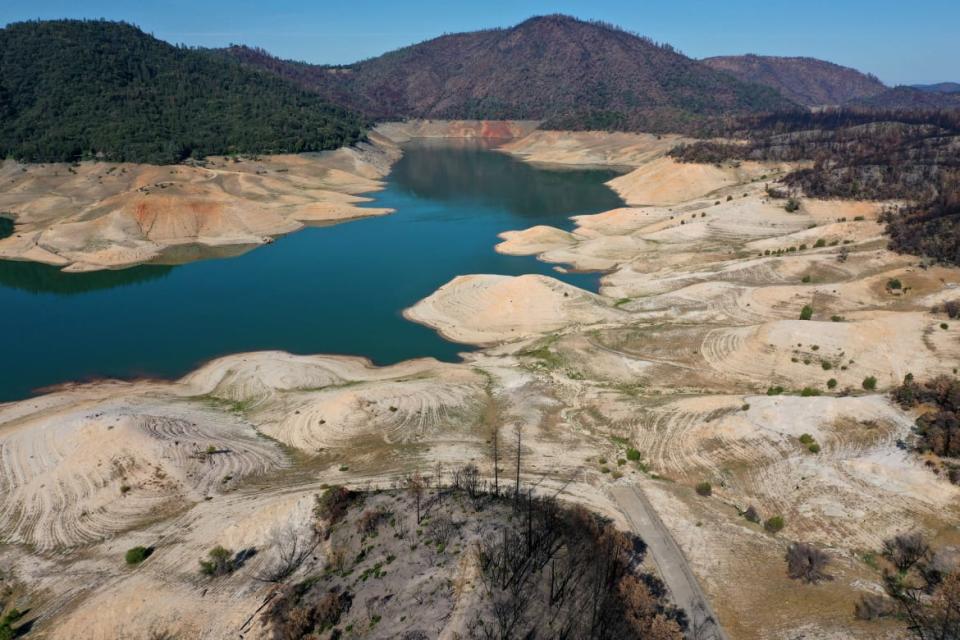 <div class="inline-image__caption"><p>Low water levels are visible at Lake Oroville on June 01, 2021 in Oroville, California. As the extreme drought takes hold in California, water levels at reservoirs are falling fast. Lake Oroville is currently at 38 percent of capacity. </p></div> <div class="inline-image__credit">Justin Sullivan/Getty</div>