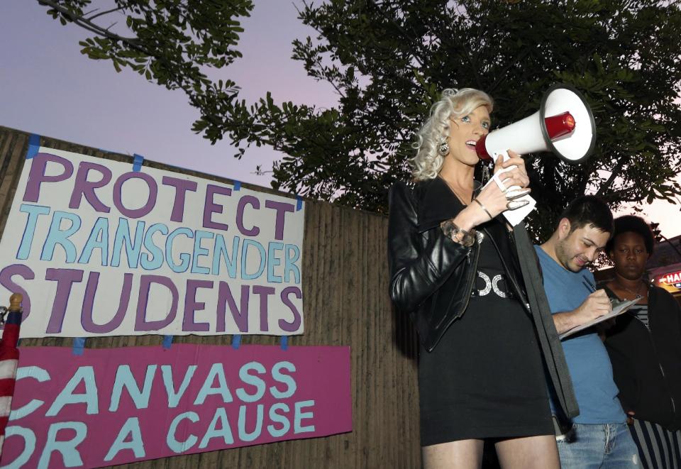 Daniella McDonald, an activist and supporter of the School Success and Opportunity Act (AB1266), tells attendees at a rally organized by San Diego LGBTQ rights organizations Canvass for a Cause, SAME Alliance, and Black and Pink, that the petition drive to place a proposition on the ballot to repeal the law failed to garner enough signatures Monday, Feb. 24, 2014, in San Diego. (AP Photo/Lenny Ignelzi)