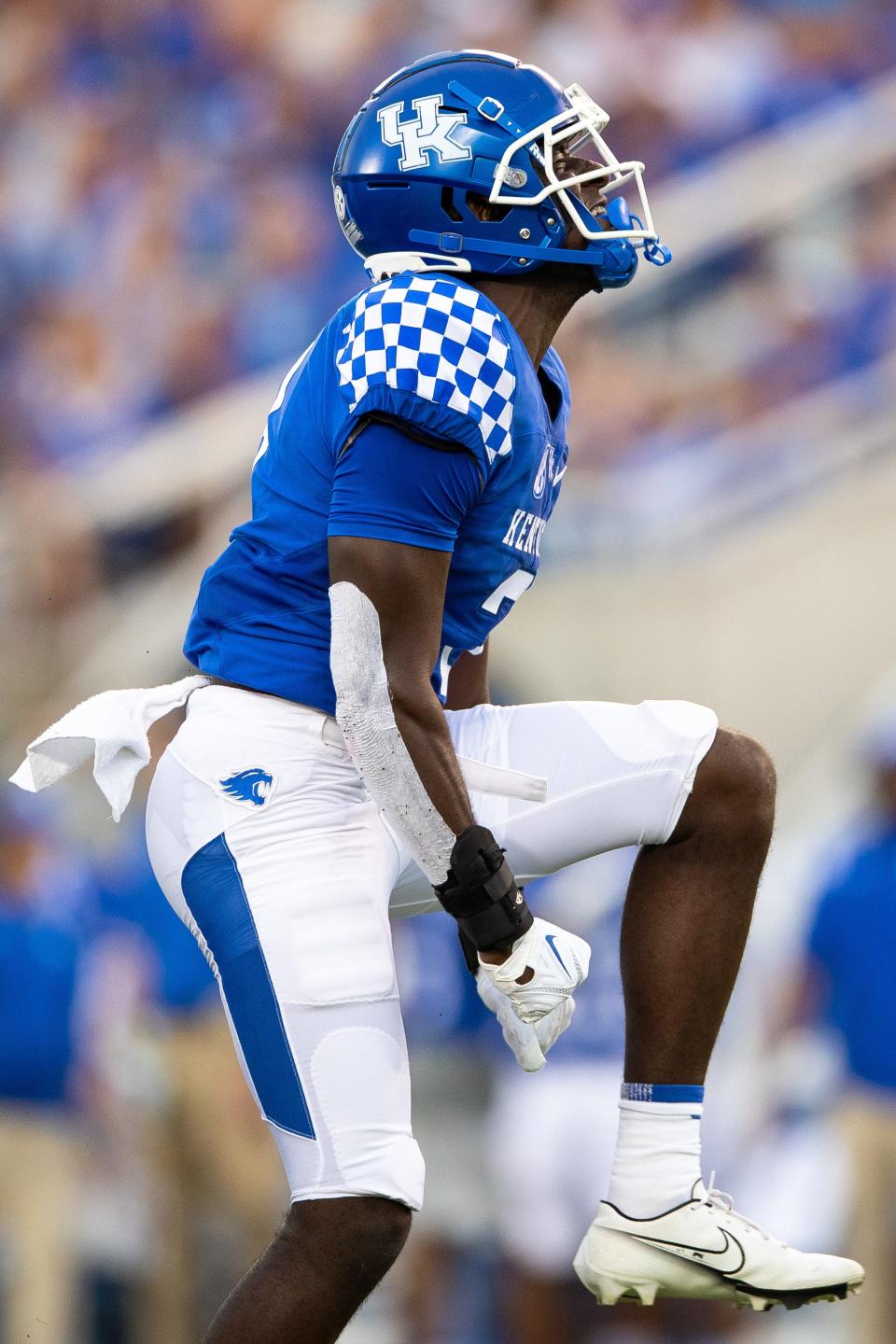 Sep 3, 2022; Lexington, Kentucky, USA; Kentucky Wildcats defensive back Alex Afari Jr. (3) celebrates during the first quarter against the Miami (Oh) Redhawks at Kroger Field.