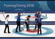 Curling - Pyeongchang 2018 Winter Olympics - Women's Final - Sweden v South Korea - Gangneung Curling Center - Gangneung, South Korea - February 25, 2018 - Sara McManus of Sweden and her teammates, Sofia Mabergs and Agnes Knochenhauer, react. REUTERS/Cathal McNaughton