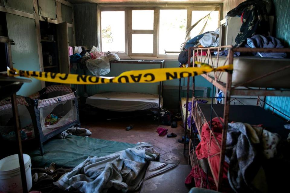 Police tape marks an empty room inside the Orphanage of the Church of Bible Understanding after a fire broke out the previous night in Kenscoff, on the outskirts of Port-au-Prince, Haiti, Friday, Feb. 14, 2020.