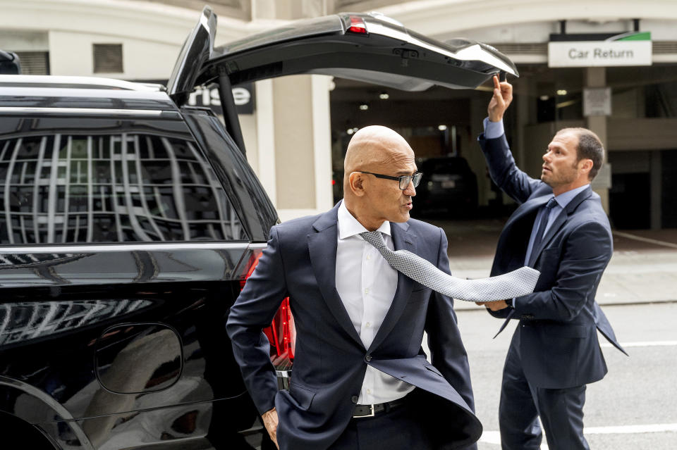 Microsoft CEO Satya Nadella arrives at the Phillip Burton Federal Building and U.S. Courthouse on Wednesday, June 28, 2023, in San Francisco. Microsoft is defending the company's proposed $69 billion takeover of video game maker Activision Blizzard as federal regulators seek to block the deal. (AP Photo/Noah Berger)