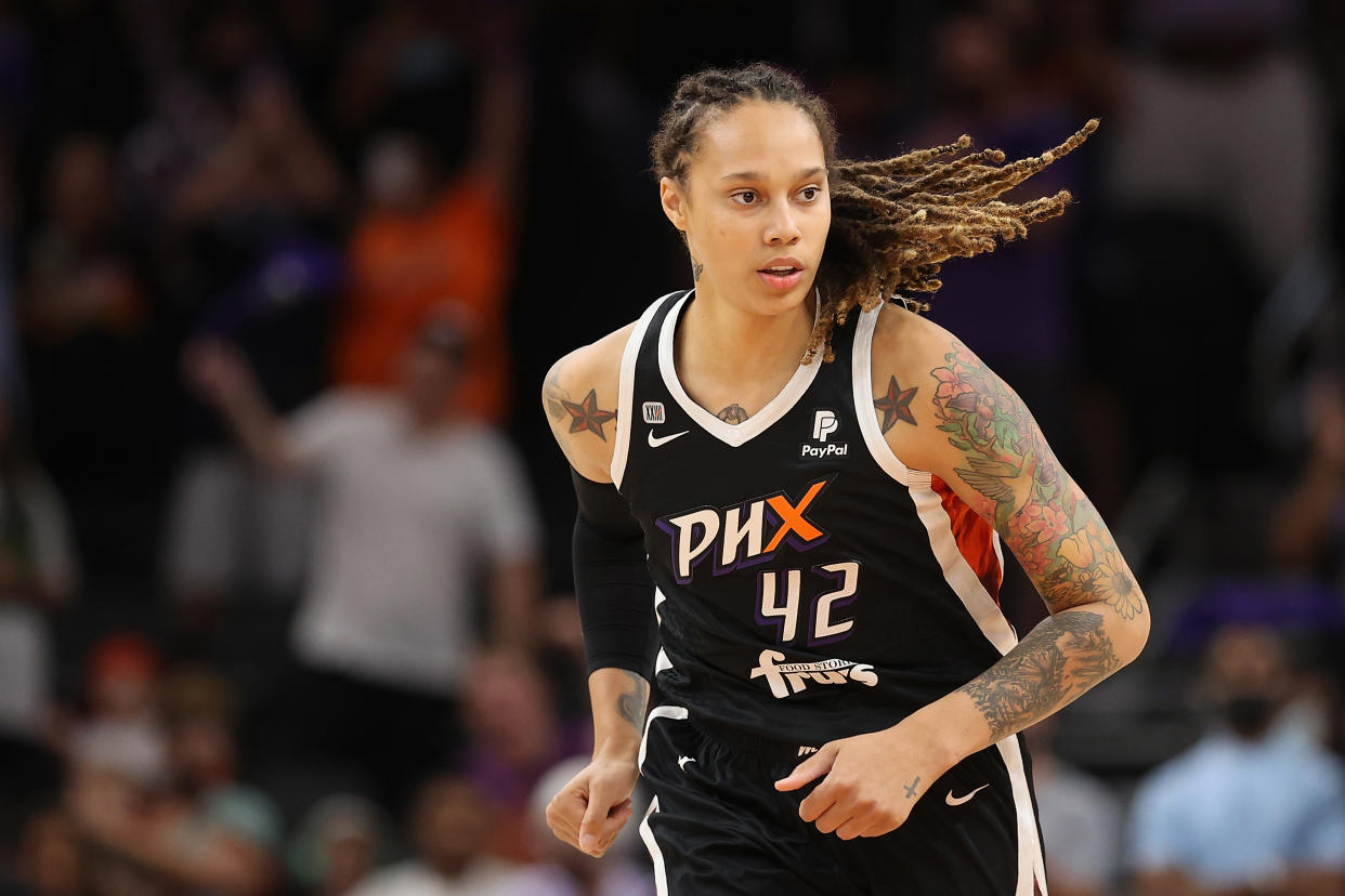 PHOENIX, ARIZONA - OCTOBER 06: Brittney Griner #42 of the Phoenix Mercury during the first half in Game Four of the 2021 WNBA semifinals at Footprint Center on October 06, 2021 in Phoenix, Arizona. NOTE TO USER: User expressly acknowledges and agrees that, by downloading and or using this photograph, User is consenting to the terms and conditions of the Getty Images License Agreement. (Photo by Christian Petersen/Getty Images)