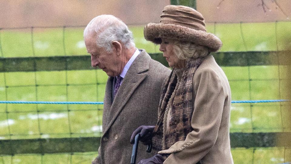 King Charles and Queen Camilla after attending the morning service at St Mary Magdalene Church in Sandringham, Norfolk, on Sunday morning. 