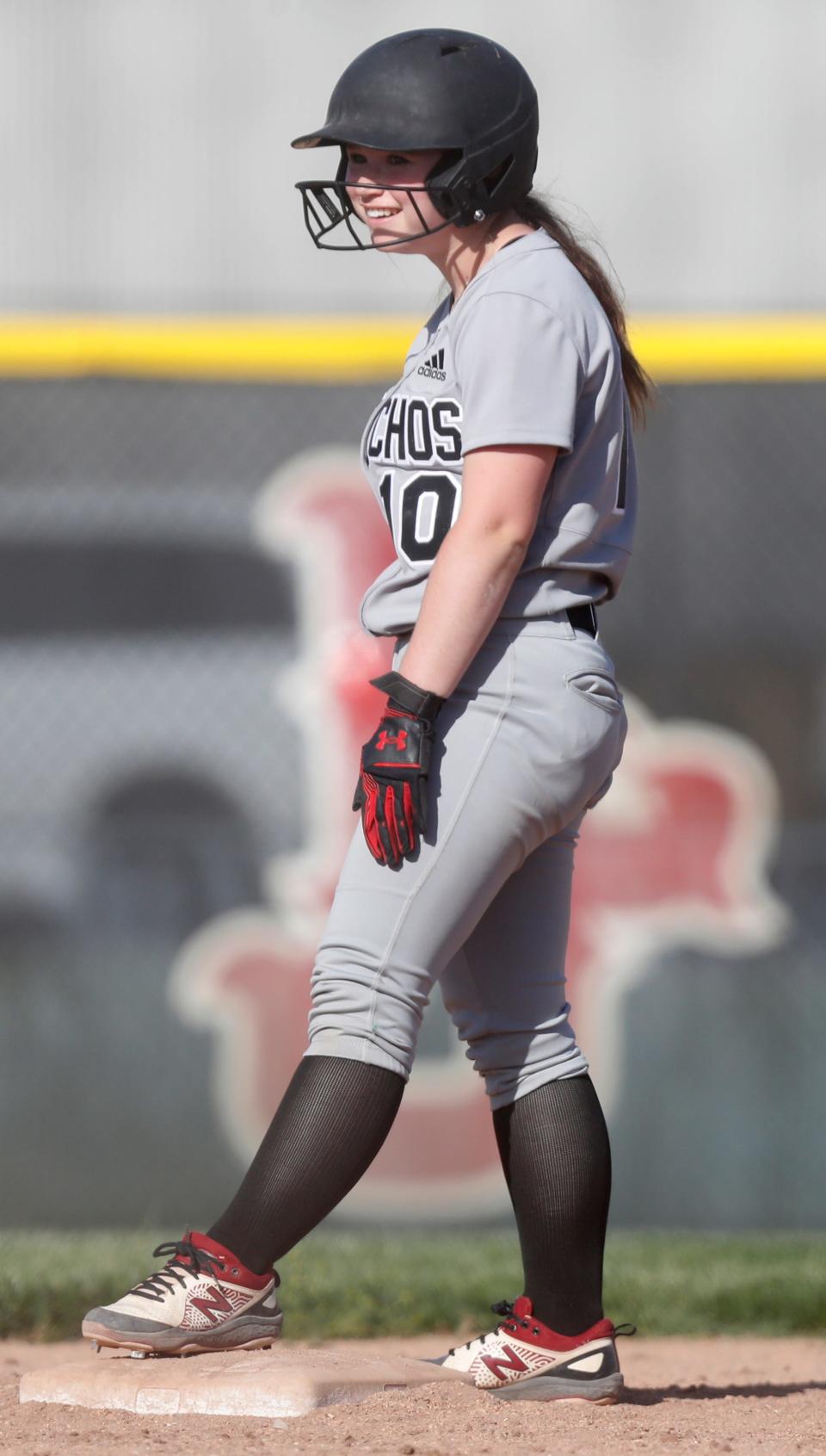 Lafayette Jeff Bronchos Rilee Clifton (10) smiles after getting a double during the IHSAA softball game against the Clinton Prairie Gophers, Tuesday, May 9, 2023, at Lafayette Jeff High School in Lafayette, Ind. Lafayette Jeff won 24-4.