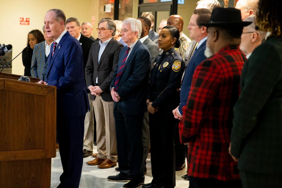 Tennessee Senate Majority Leader Jack Johnson speaks surrounded by state and local officials during a press conference where Tennessee House Speaker Cameron Sexton announced plans to introduce a bill that would amend the state constitution and allow judges to not set bail for a wider variety of violent charges at Memphis City Hall on Friday, January 26, 2024.