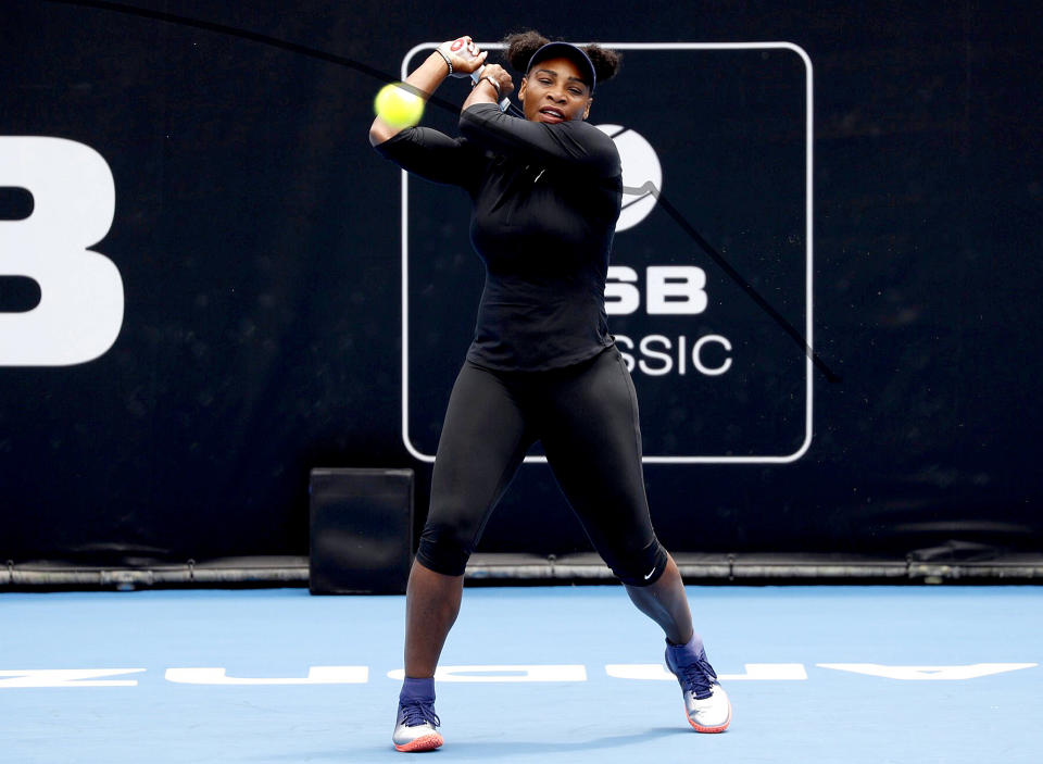 United States' Serena Williams hits a ball during a practice session at the ASB Classic tennis tournament in Auckland, New Zealand, Friday, Dec. 30, 2016. Williams has announced her engagement to Reddit co-founder Alexis Ohanian. The tennis great posted a poem on the social news website that she accepted his proposal. (Dean Purcell/New Zealand Herald via AP)