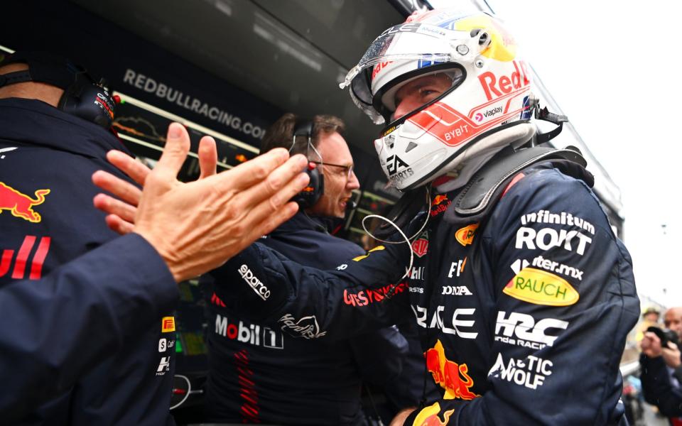 Pole position qualifier Max Verstappen of the Netherlands and Oracle Red Bull Racing celebrates with his team in the Pitlane during qualifying ahead of the F1 Grand Prix of Canada at Circuit Gilles Villeneuve on June 17, 2023 in Montreal, Quebec