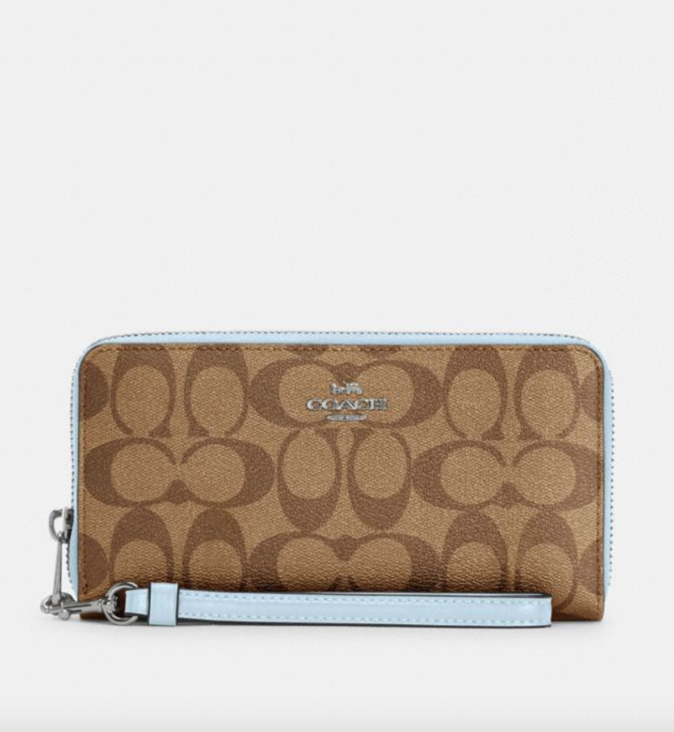 Long Zip Around Wallet in Signature Canvas Khaki/Waterfall (Photo via Coach Outlet)